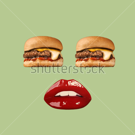 Картина Коллаж с гамбургерами-глазами и яркими алыми губами на фоне цвета хаки  
