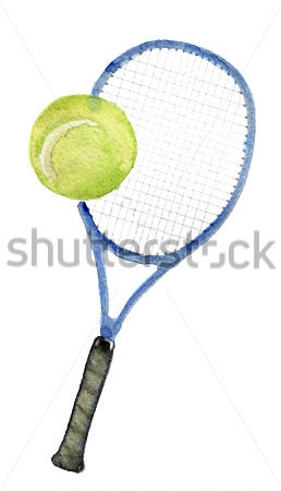 Картина маслом Акварельный эскиз теннисной ракетки с мячом на белом фоне 