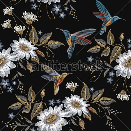 Картина Красочная иллюстрация с цветами ромашки и порхающими колибри на чёрном фоне 