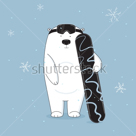 Картина Забавный белый медведь со сноубордом на фоне снежинок 